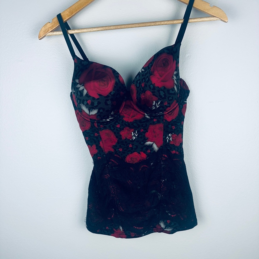 Flexees Maidenform 36C Red Rose Leopard Print Lace Trim Camisole Bustier 1956